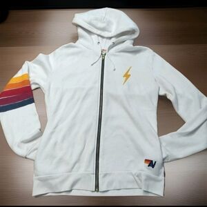 Aviator Nation Hoodie Womens M. White Lightning Bolt Full Zip Fleece USA**